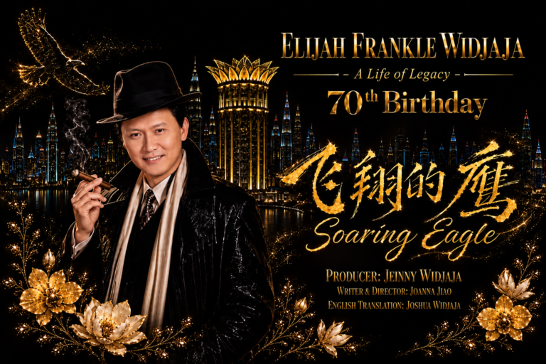 Soaring Eagle family film poster with a portrait, gold lettering and city skyline